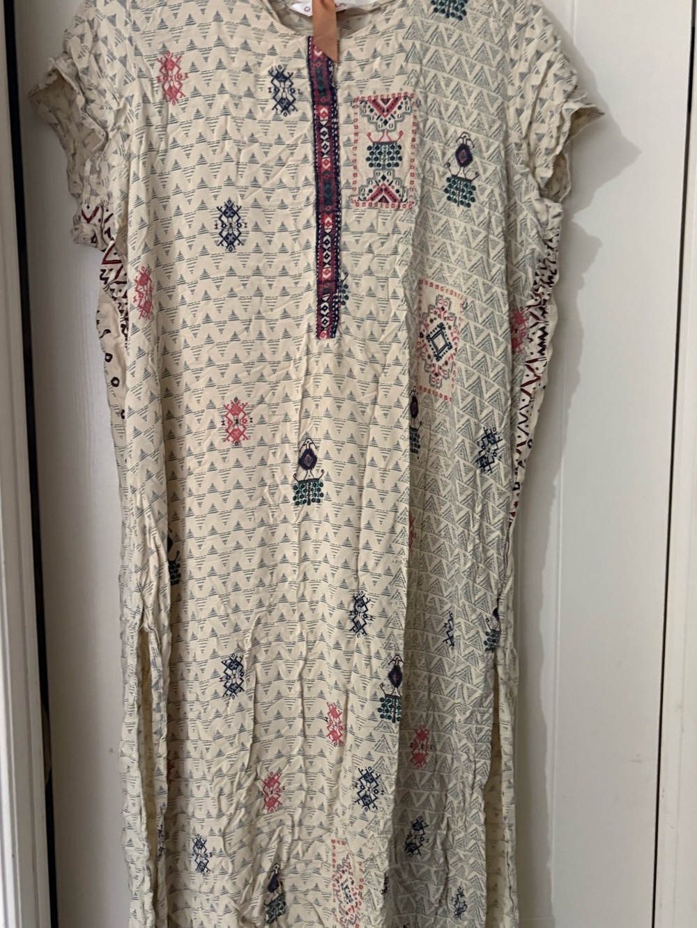 Biba Cream Midi Dress with Navy & Pink Embroidery